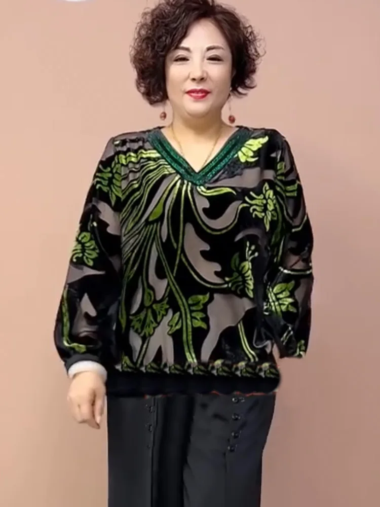 تي شيرت Ele Velvet مطرز بالزهور للنساء في منتصف العمر لخريف جديد مقاس كبير تي شيرت عرقي طويل Sve مستدير...