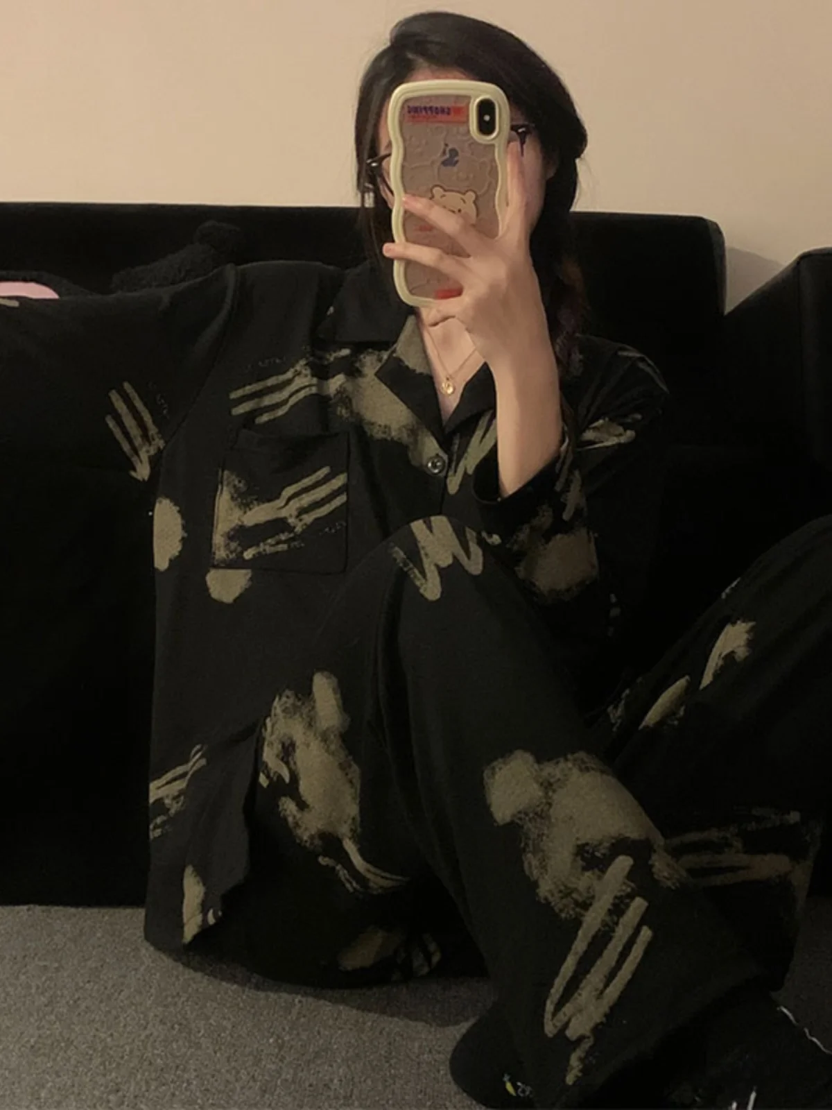 

Couple's Matching Long Sve Long Pants Cotton Pajamas Bla Dyed Spring Autumn Home Clothes Comfortable Breathable Spwear