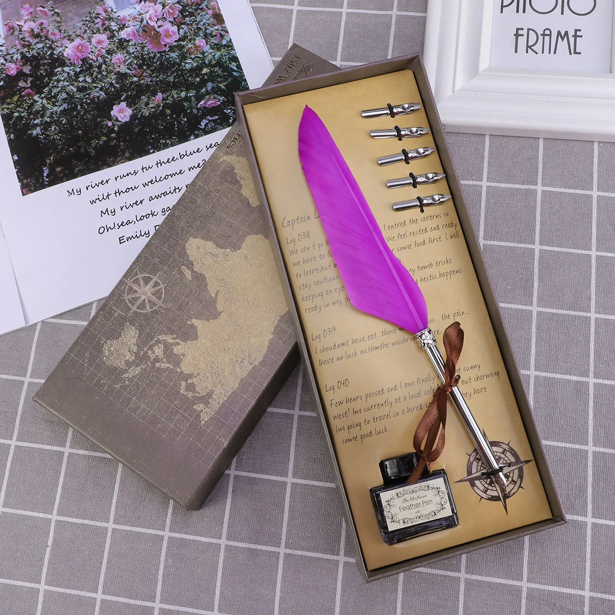 

1 set Pen Set Vintage Retro Ink Calligraphy Tool Gift Box Purple Writing Instrument For Wedding Home Office Use