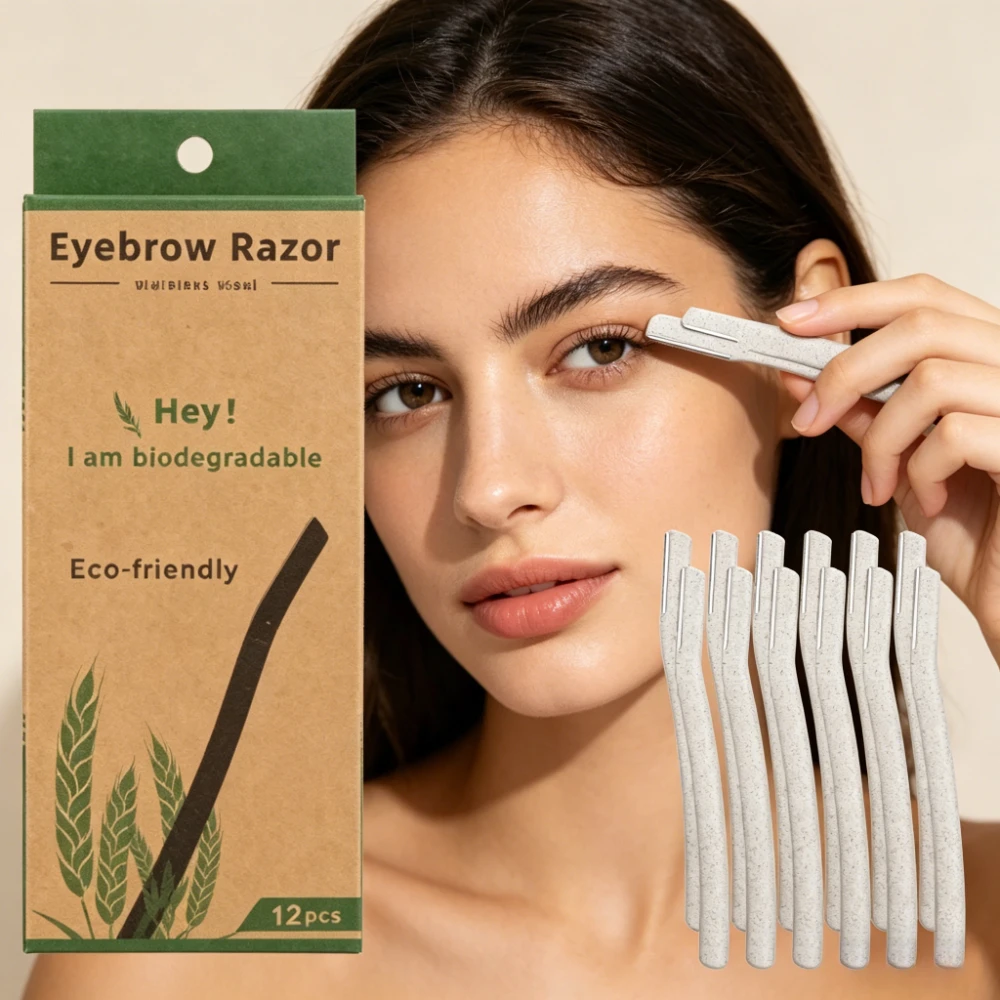 12Pcs/Box Wheat Straw Eyebrow Razor for Women Facial Dermaplane Shaper Biodegradable Precision Tool with Protective Cover