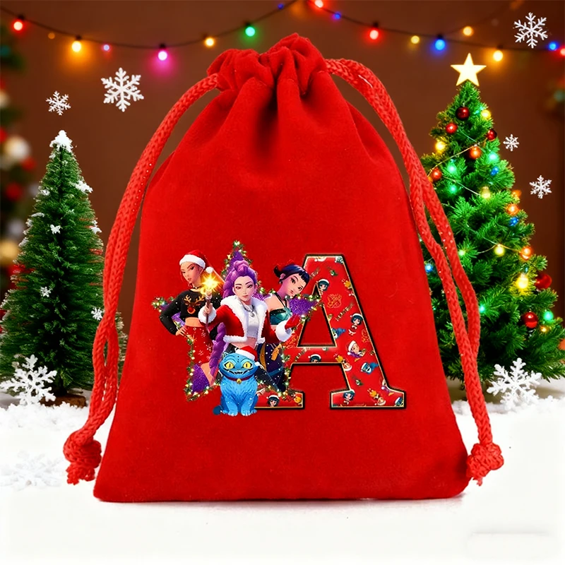 

KPop Demon Hunters Drawstring Drawstring Bag Cartoon Christmas Letter Print Handbags Portable Party Candy Gift Storage Bags Gift