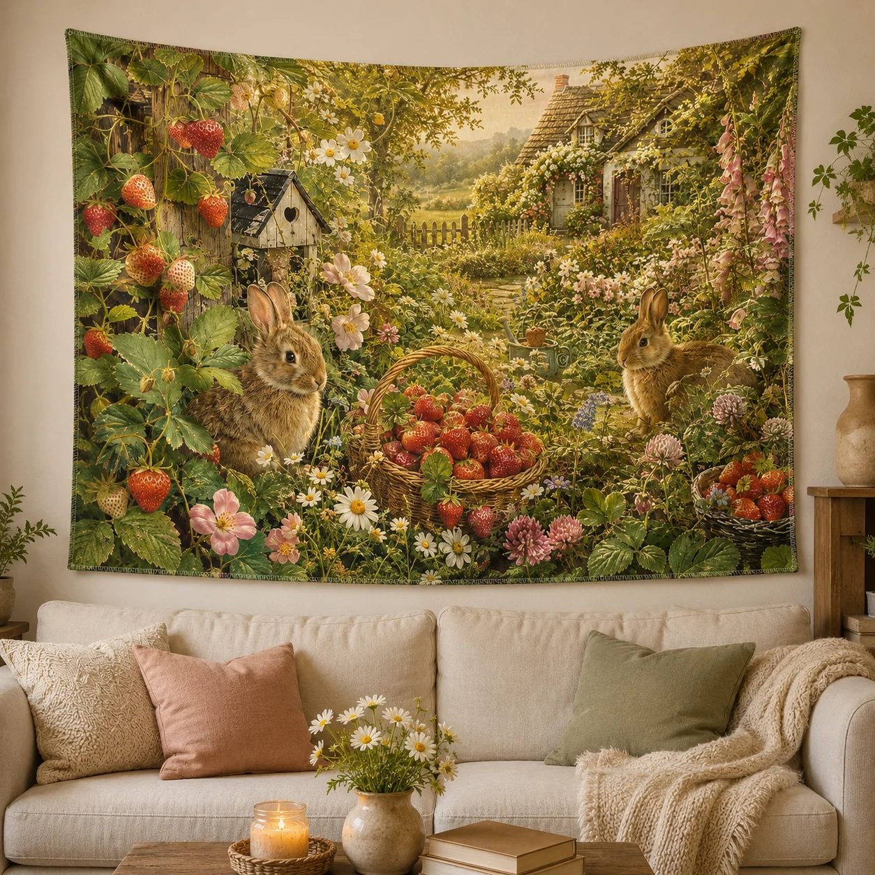 Country Bunny Tapestry Strawberry Garden Floral Wall Cloth