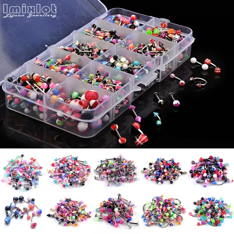 50/100PCS Mixed Acrylic Surgical Steel Body Piercing Jewelry Lot Bulk Nose Ring Tongue Bar Navel Eyebrow Lip Labret Piercing Set