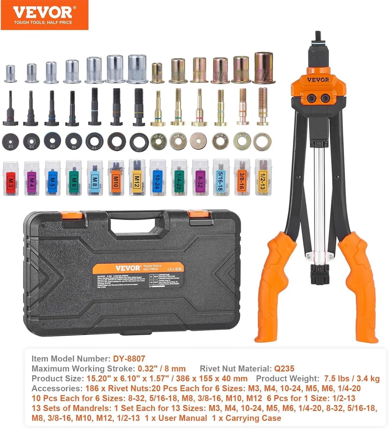 Ferramenta de porca de rebite, kit de ferramentas de porca de 16 polegadas com 13 mandris métricos e SAE, porcas de rebite de 186 peças, retração semiautomática, M3, M4, M5,