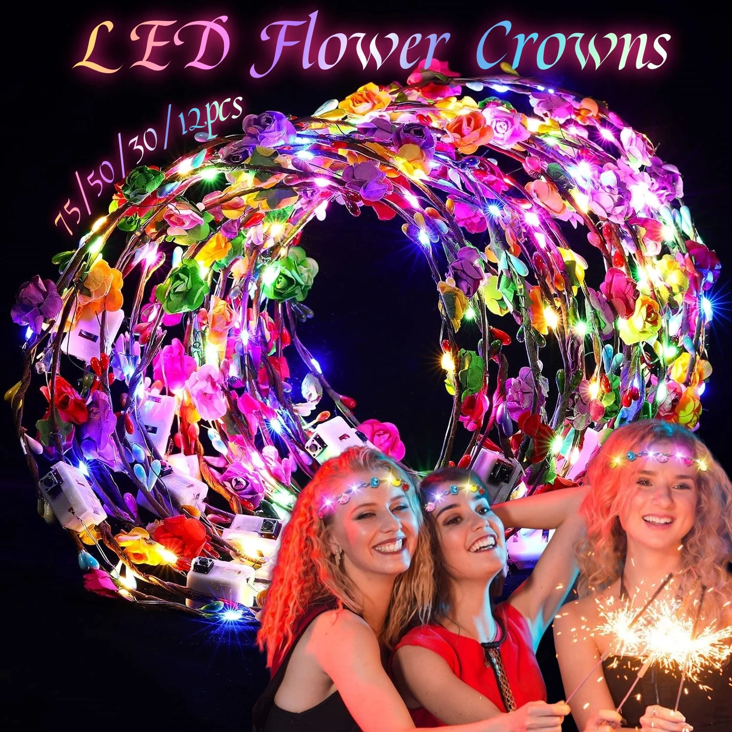 75/50/30/12Pcs LED Flower Headbands Glowing Flower Crowns LED Wreath Headband Flower Hair Accessories For Wedding Party Concert