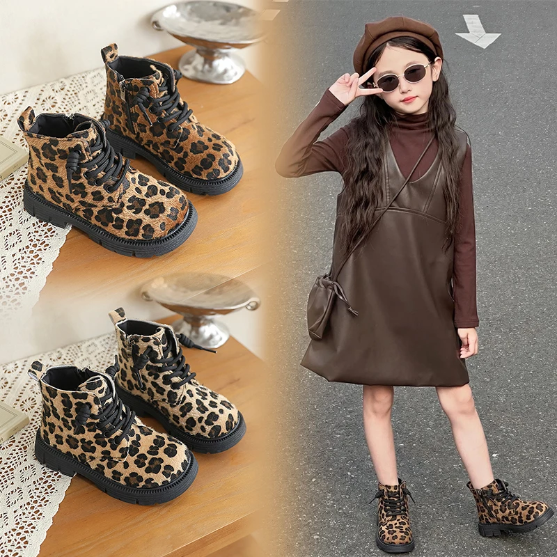 Mumoresip Kids Leopard Ankle Boots Spring Autumn Girls Platform Boots Outdoor Non-slip Side Zipper Children Causal Short Boots