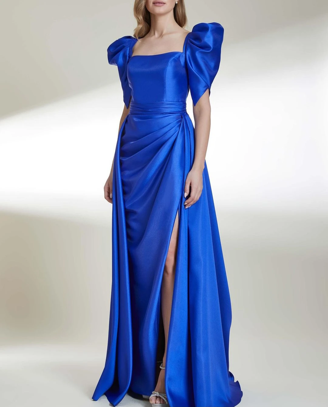 

AsaNagi Elegant Royal Blue Satin Prom Dress Women Square Neck Slit Formal LongParty Evening Gowns 2023 فساتين السهرة