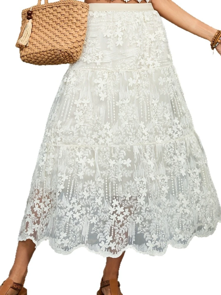 Apricot lace crochet skirt women's spring new large size fat mm high waist thin medium and long a word cake skirt