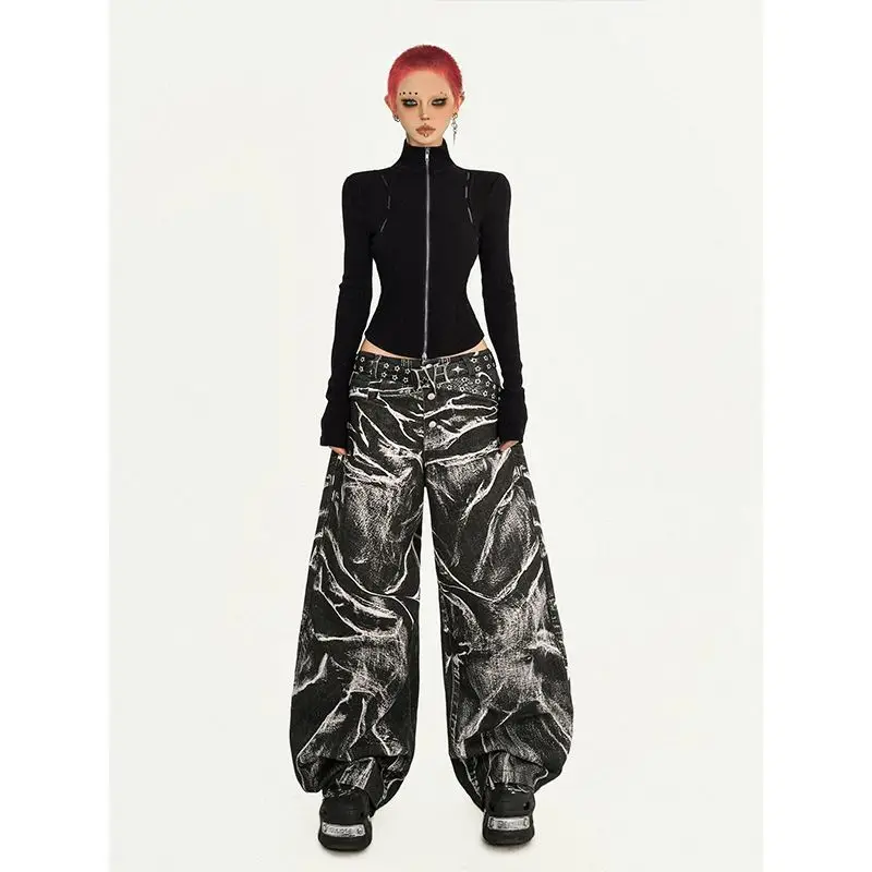 Men's Punk Style Water Ripple Print Pattern Sweatpants Spring Bottom Street Young Boy Casual Pants Male High Waist Y2k Trousers