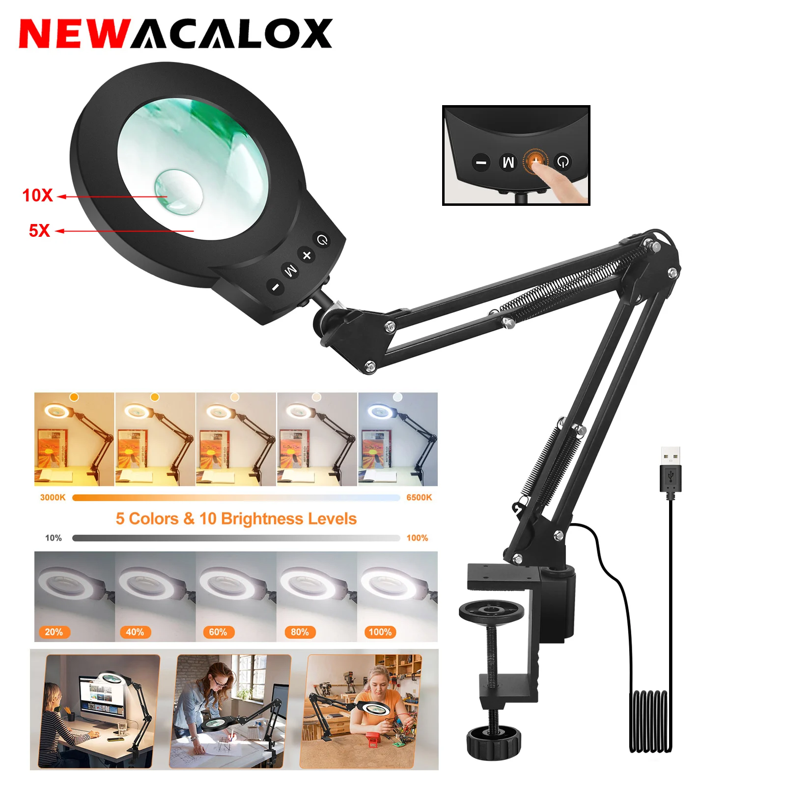 

5X/10X Magnifying Glass with Light 5 Color Modes Stepless Dimmable Adjustable Swing Arm LED Lighted Desk Lamp for Home Office