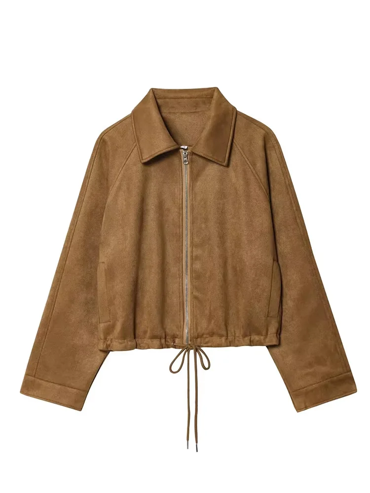 

HH Women's 2025 Autumn New Fashion Vintage Lapel Suede Long Sleeve Coat Female Casual Hem Drawstring Waist Slimming Jacket