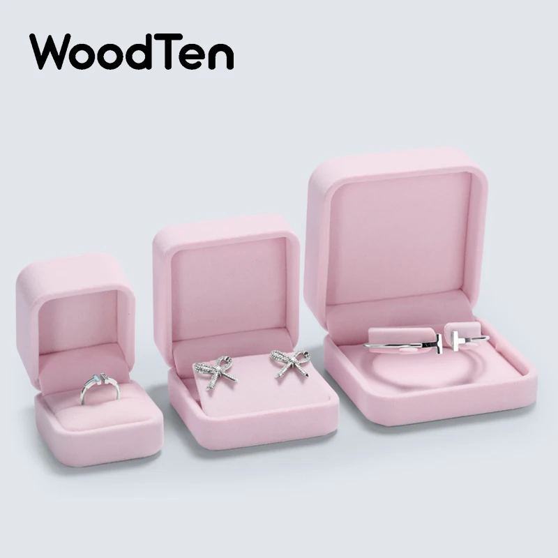 

WoodTen Velvet Ring Box Earring Pink Jewelry Box Necklace Bracelet Storage Case Jewelry Organizer Jewelry Gift Box for Wedding