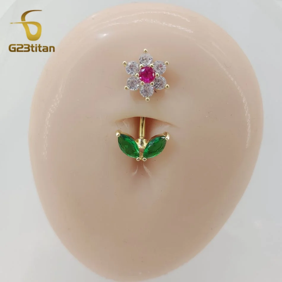 G23titan 14G Zircon Flower Barbell Belly Button Ring Women Body Sexy Navel Piercing Anti Allergic Jewelry Accessories Ombligo