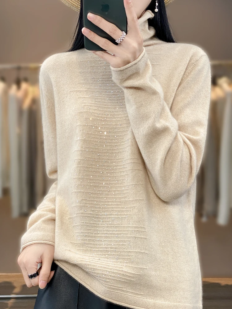 Women 100% Pure Wool Sweater High Collar Pullover 2024 Autumn/Winter Woman Loose Soft Knit Stacked Collar Long sleeves Warm Tops