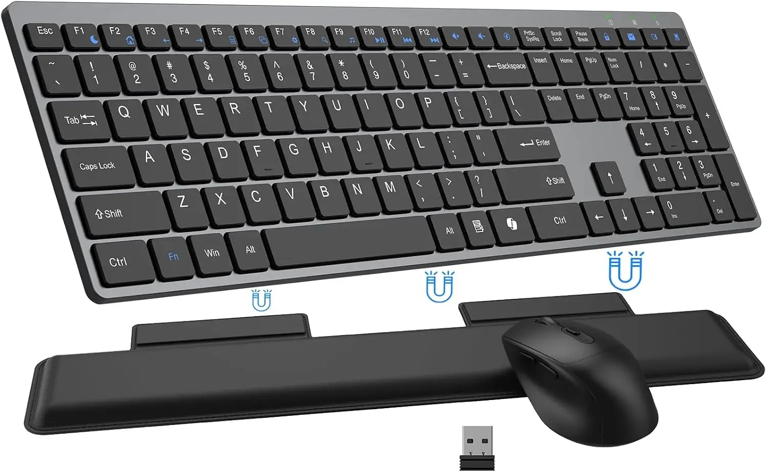 

Full Size Silent Wireless Keyboard and Mouse Combo with Magnetic Wrist Rest, 2.4G Lag-Free for PC, Mac, Laptop