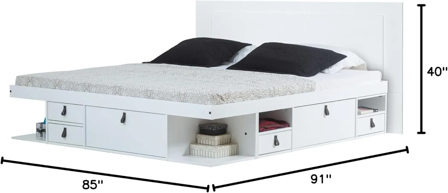 Bali Slim Set: Storage Platform Bed with Drawers + Flat Panel Headboard (King Size, White Wood)