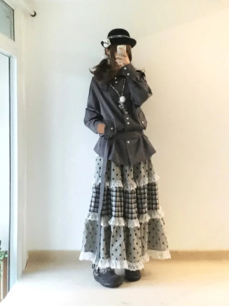 

Новинка 2025 года, винтажные элегантные клетчатые юбки с волнистыми точками, уличная одежда, кружевные лоскутные оборки трапециевидной формы, женская универсальная сексуальная юбка в стиле Харадзюку