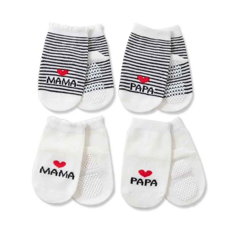 4 Pairs Baby Socks Non-Slip Floor Socks MaMa PaPa Cute Heart Pattern White Black Striped First Walkers for Toddler Boys Girls