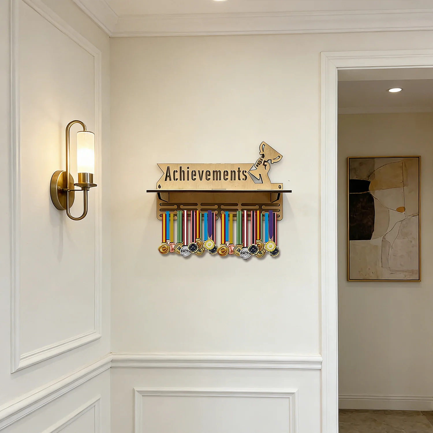 1pc Custom Classical Wooden Sports Medal Holder,Wall Mounted Display Storge for Sports Awards,Home Room Birthday Decor Gift