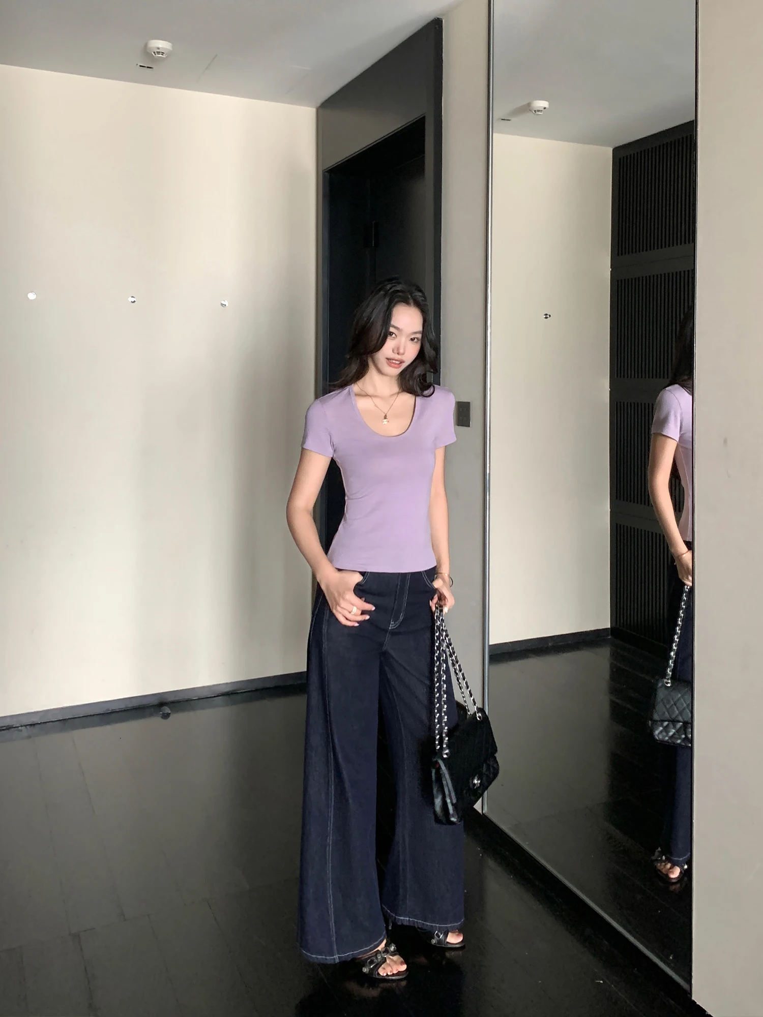 Deep Blue Retro Wide Leg Jeans Women's Pear Shape Slimming Floor-Length Pants Pusumede Deconstructed Lines Ladies Jeans