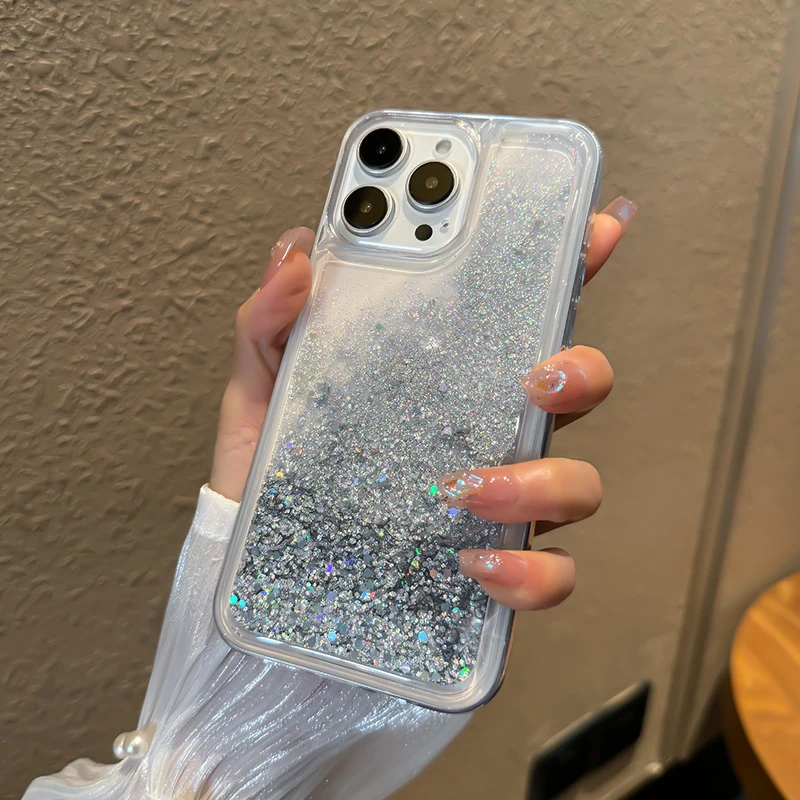 Liquid Flowing Glitter Quicksand Case Cover for iPhone 15 14 16 Pro Max Shiny Sparkles Sand Shell Soft Silicone Clear Funda Hull