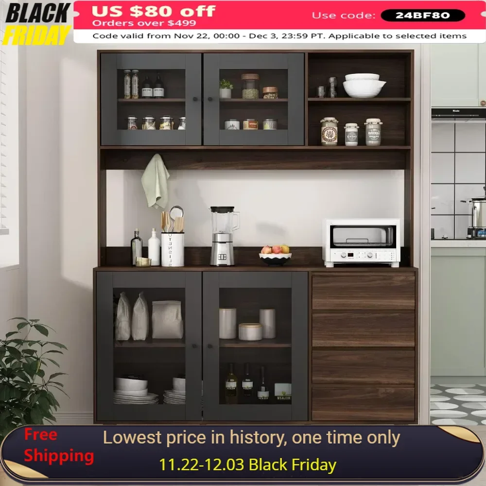 Kitchen Pantry Cabinet 4 Glass Doors and Drawers Kitchen Cabinet Microwave Stand Pantry Furniture Shelves & 3 Hooks