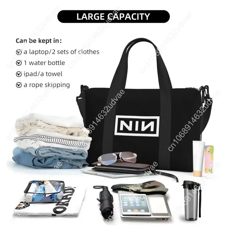 NIN Retro Logo Print Travel Duffel Bag Portable Sports Gym Yoga Bag Weekender Overnight Handbag Carry on Luggage Tote Bags - view 4