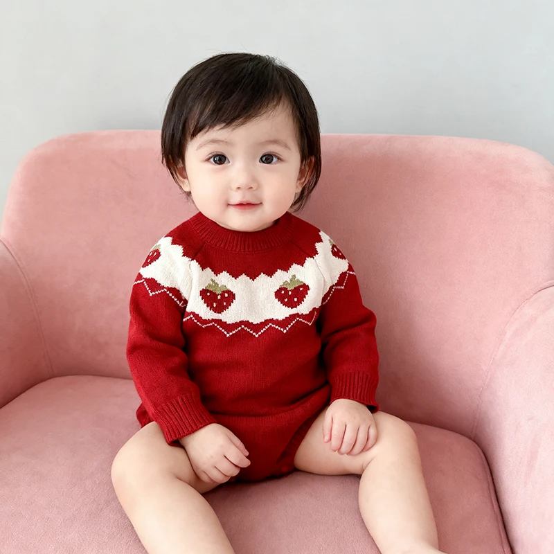 

Рождественский детский вязаный комбинезон для новорожденных, осенний клубничный комбинезон для маленьких девочек, вязаный комбинезон с длинными рукавами, осенний свитер