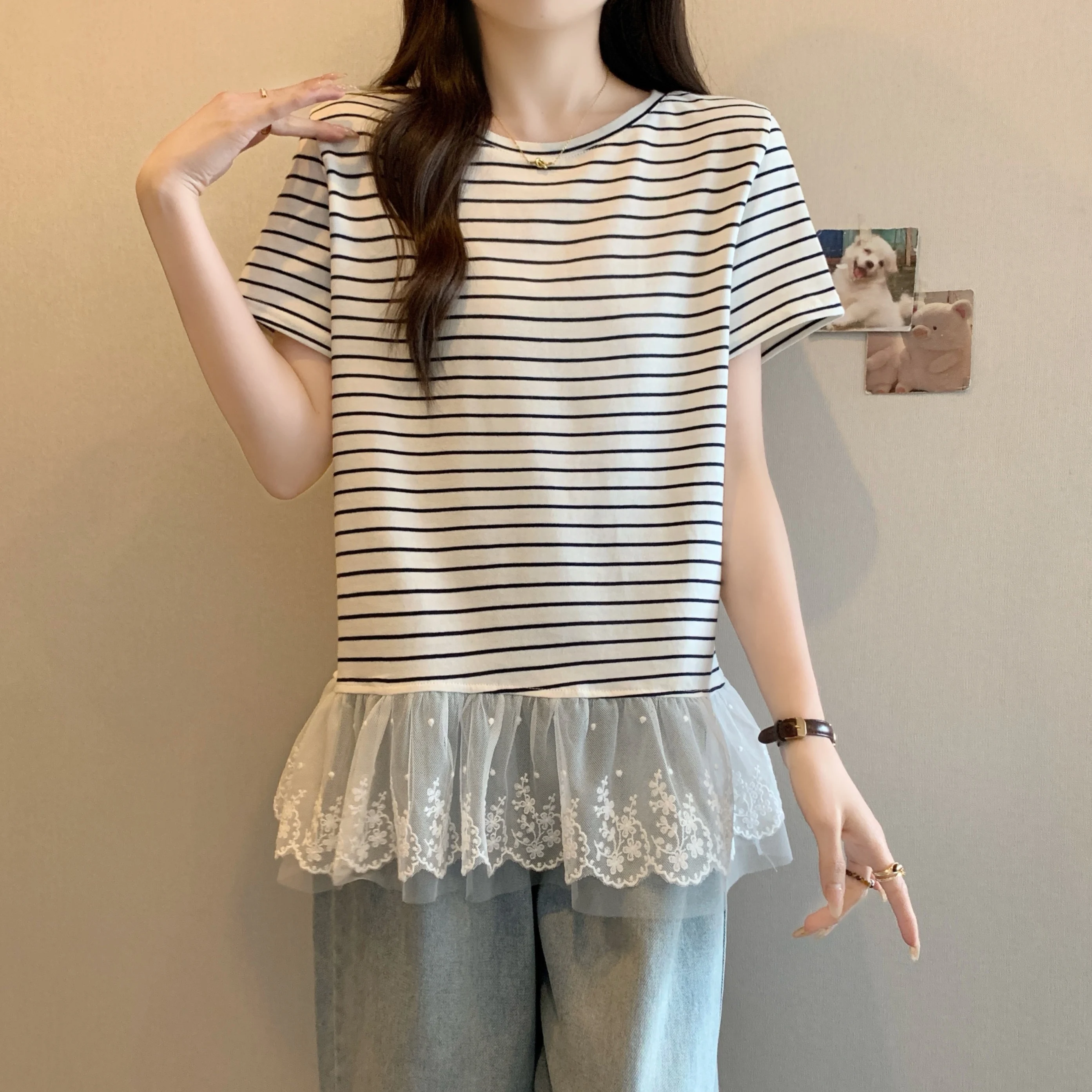 Korean Sle ort Sve T-irt Women's Summer Casual Loose round Ne Built-In Lace Net Stripes Top for Office Wear