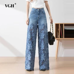 VGH Solid Hollow Out Patchwork Lace Casual Jeans For Women High Waist Spliced Pockets Minimalist Loose Wide Leg Pants Female New