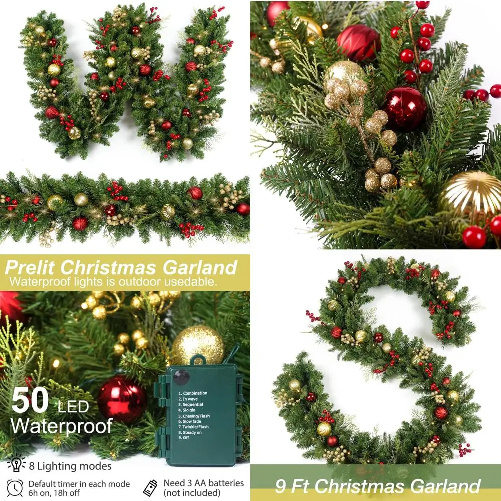 

9-Foot LED Christmas Garland with 50 Lights, Gold and Red Balls, Plug-in Timer, Ideal for Mantle, Staircase, Indoor and Outdoor