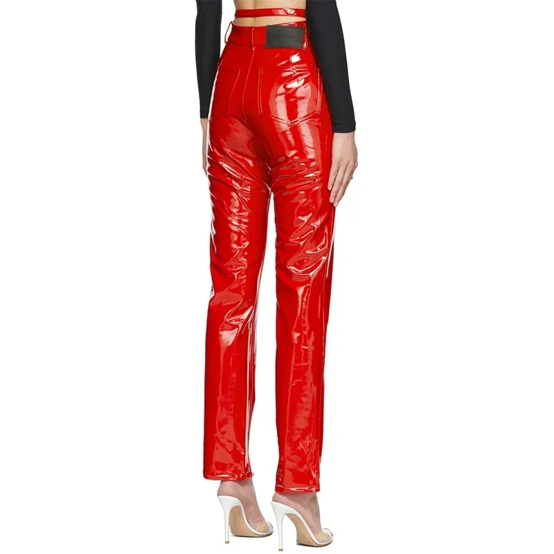 High Waist Faux Latex Leather Trouser Bandage Women Shiny Patent Straight-leg Pants Office Ladies Party PU Trousers New Custom