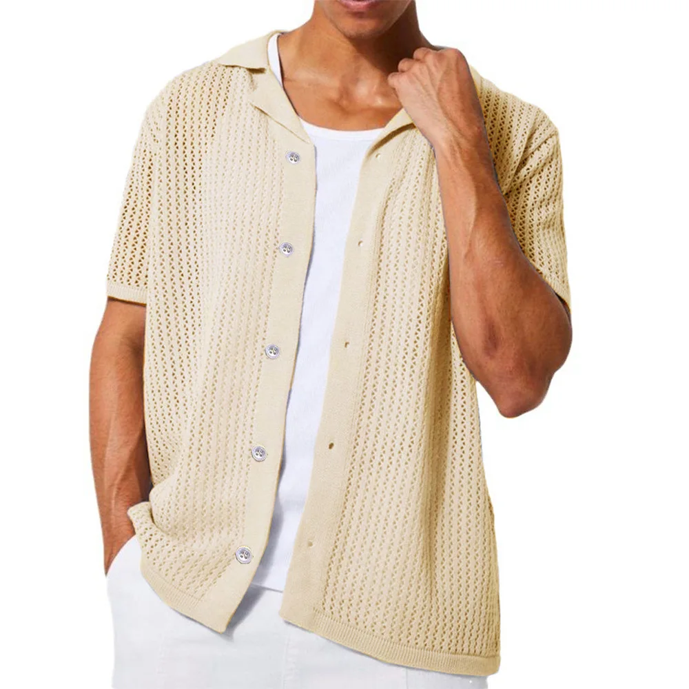 Mens Fashion Knitted Cardigan Summer Cool Hollow out Top Short Sleeve Shirt Lapel Button Loose Men\'s Knit Tshirt