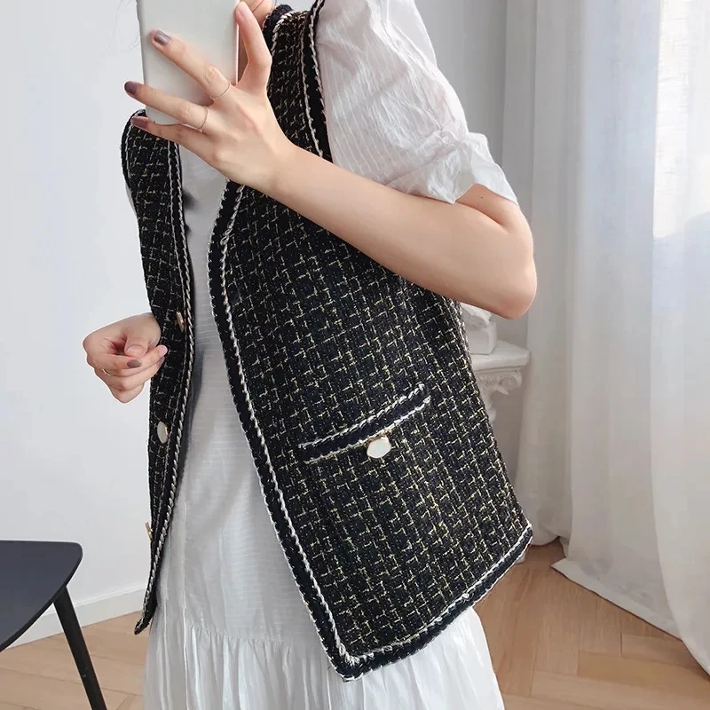 

Woven Plaid Vintage Vest Women Spring Autumn Fashion Patchwork V-Neck Single Breasted Tweed Waistcoat Korea Chic Sleeveless Coat