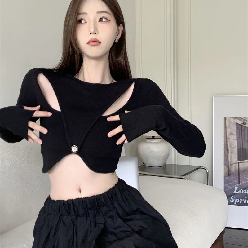 

Hotsweet New Irregular Knitted Hollow Black T-shirts Women Fashion Slim Undercoat Long Sleeve Cropped Tops Y2K Girls