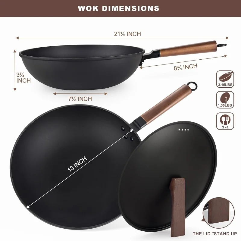 13'' Carbon Steel Wok, 12 Piece Wok Pan & Stir-Fry Pans Set with Lid & Cookwares, No Chemical Coated Flat Bottom Chinese Wok Pan