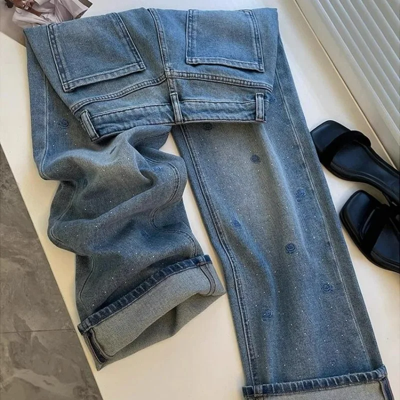 

Ladies' Retro Blue Floral Embroidered Jeans with Rhinestones High Waist Straight Leg Denim Trousers Summer Korean Street Style