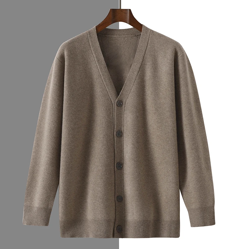 Winter New Wool Cardigan Men's V-neck Worsted Solid Color Long Sleeve Loose Casual Knitted Sweater Warm Coat