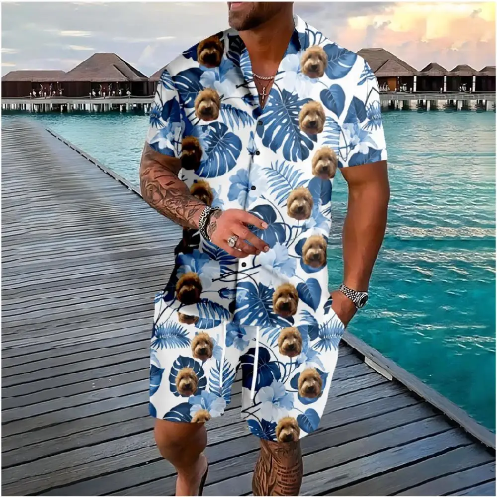 

Summer men's 3D Printed short-sleeved Shirt Set Of Animal cats, Casual large-sized Beach shorts, streetwear, Hawaiian Suit