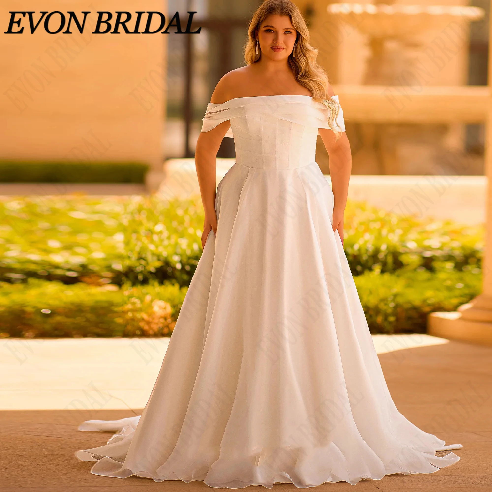 EVON BRIDAL Boat Neck Off The Shoulder Bride Dress Plus Size A-line Organza Bride Gown Corset Bodice Wedding Dresses Customized