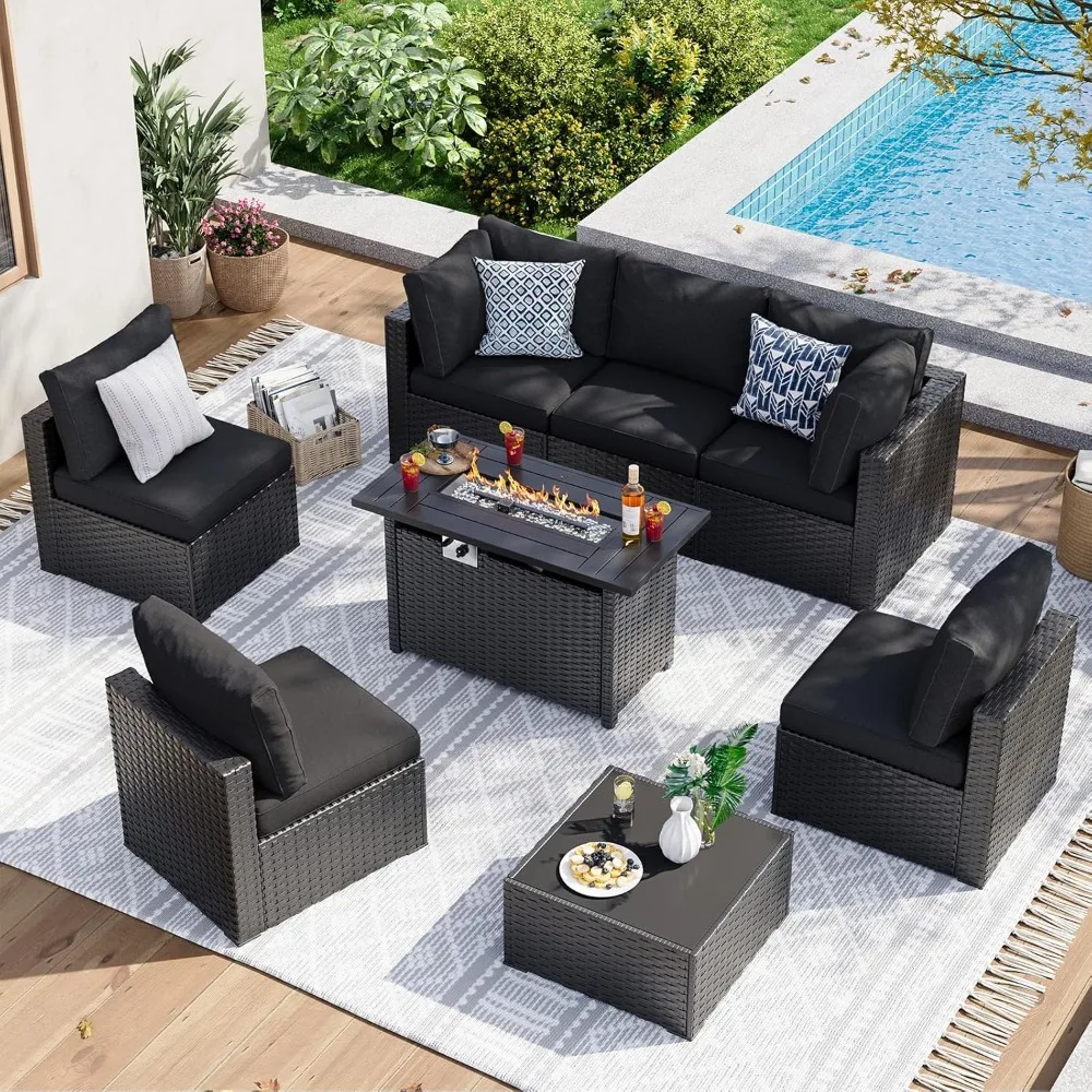 

8 Piece Patio Furniture Set with 44” Fire Pit Table Wicker Rattan Patio Sectional Sofa Set Outdoor Seating Furniture.