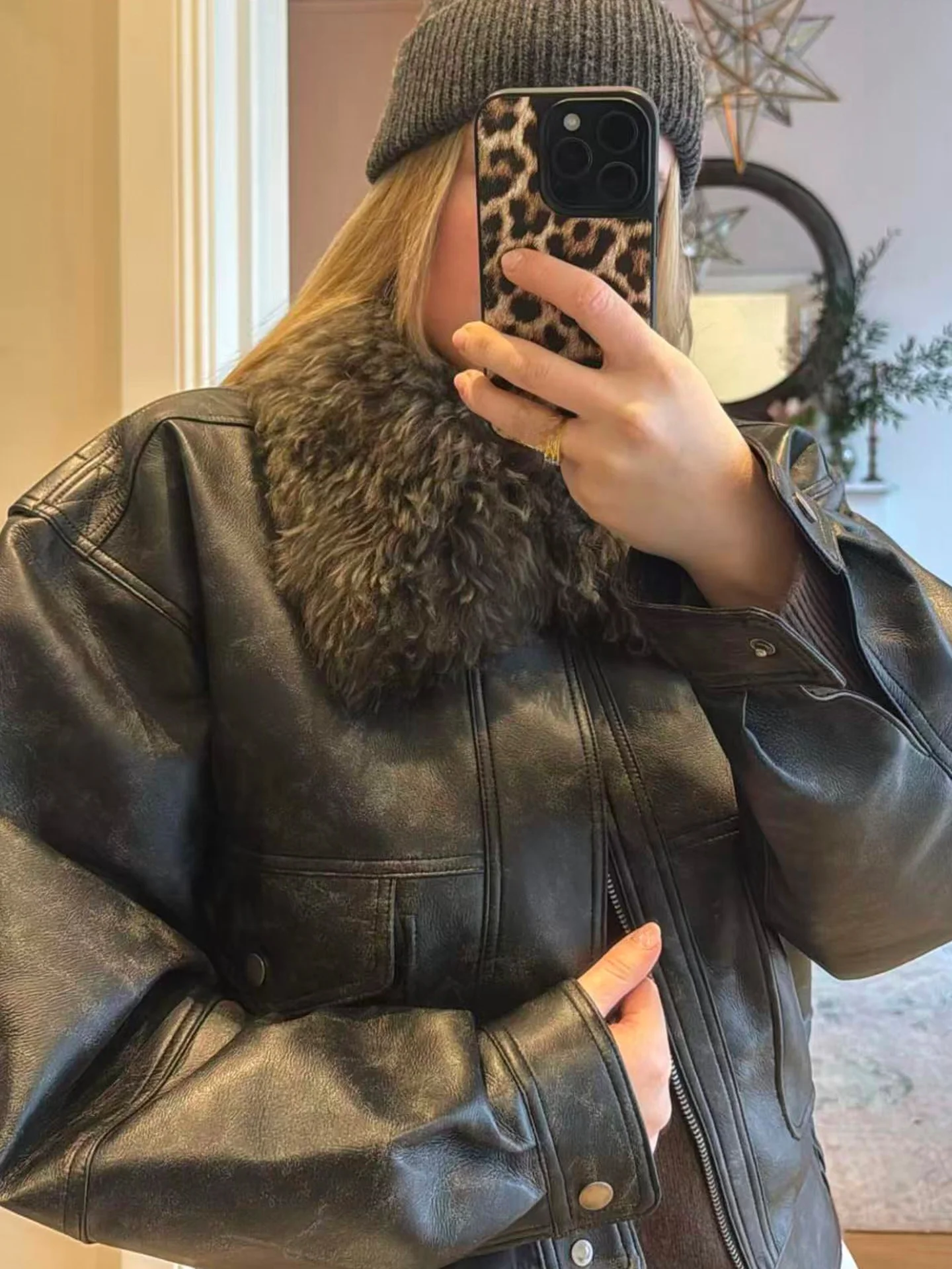 フランキー レトロ ブラ レザー ジャケット コート 取り外し可能なリアルファー襟 特殊花柄レザー ユース ルーズフィット 冬用ジッパー