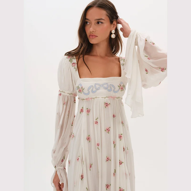 Damen Weißes Blumen-Maxikleid Quadratischer Ausschnitt Lange Puffärmel Empire-Taille Chiffon Fließendes A-Linien Boho Cottagecore Partykleid