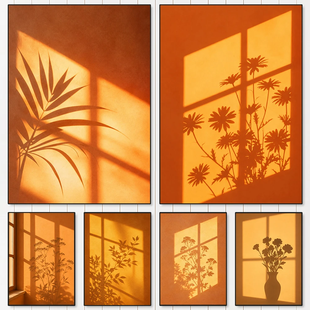 Modern Abstract Sunlight Through Window Shadow Plant Canvas Wall Art Modern Cozy Yellow Minimalist Art for Living Room Decor
