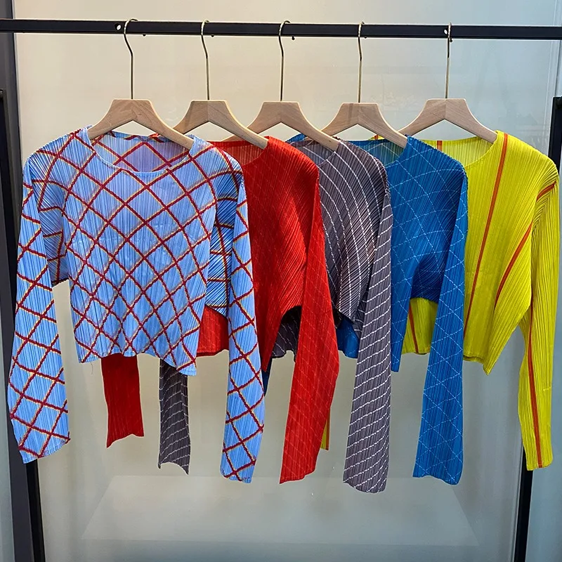 

Miyake New Long-sleeved Plaid Printed Pleated T-shirt Woman Clothes Fall New Temperament Versatile Thin Casual Tops Simple