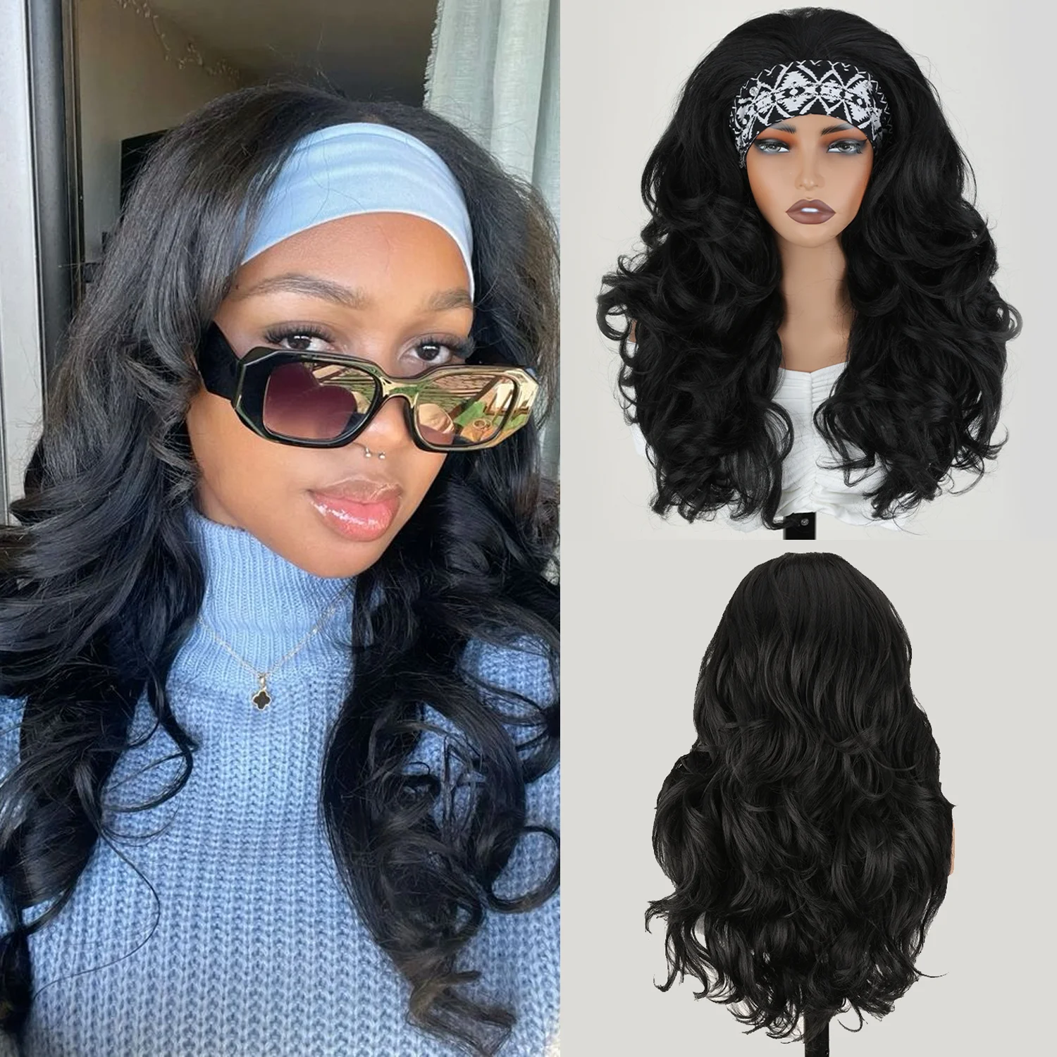 

X-TRESS 20 Inch Layer Synthetic Half Wig for Women Long Water Wave Curly Wig Black Color Afro 3 IN 1 Glueless Drawstring Fashion
