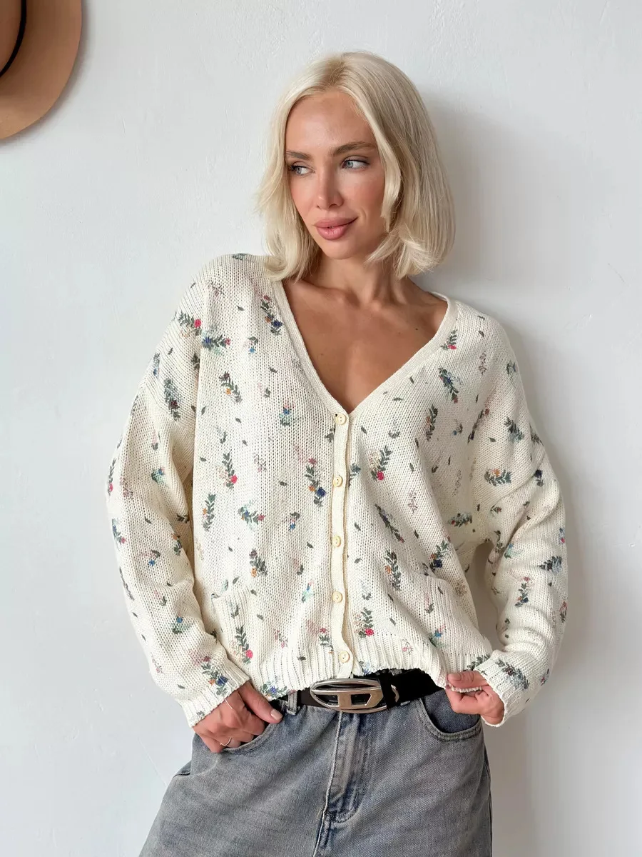 เสื้อคาร์ดิแกนถักลายดอกไม้สไตล์วินเทจสำหรับผู้หญิง คอวี ติดกระดุมด้านหน้า ทรงหลวม แขนยาว สวมใส่สบาย