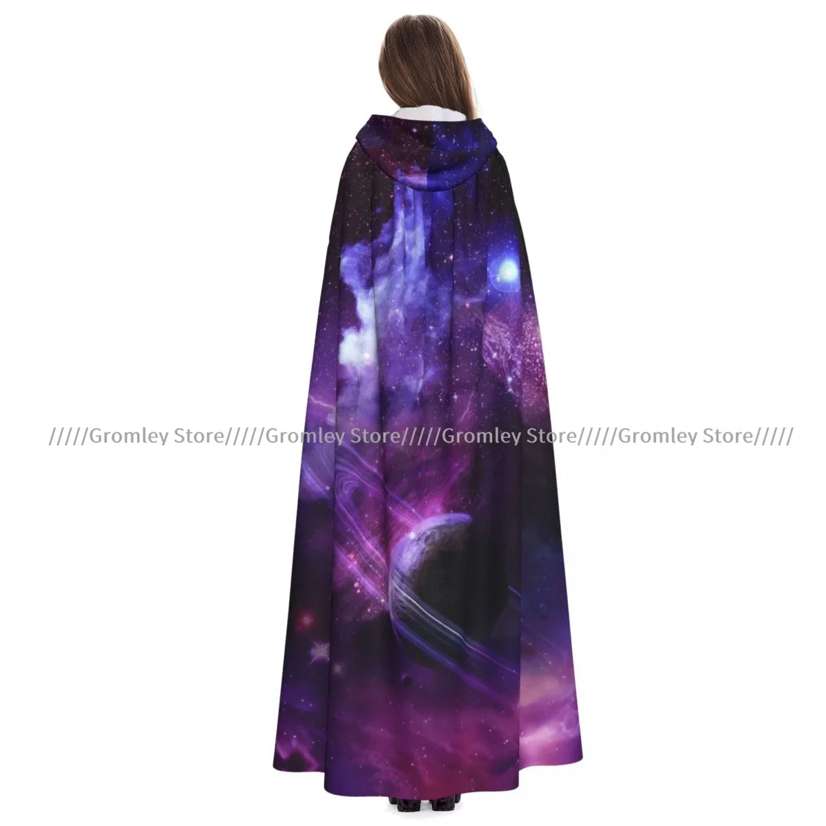 Adult Galaxy Space With Planets Stars Cloak Cape Hooded Medieval Costume Witch Wicca Vampire Halloween Costume Dress Coat