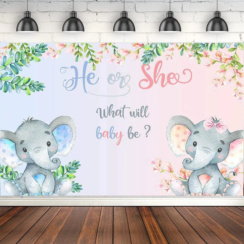 

Elephant Gender Reveal Photography Backdrop Pink Or Blue Flowers Baby Shower Background He or She Party Banner Cake Table Decor