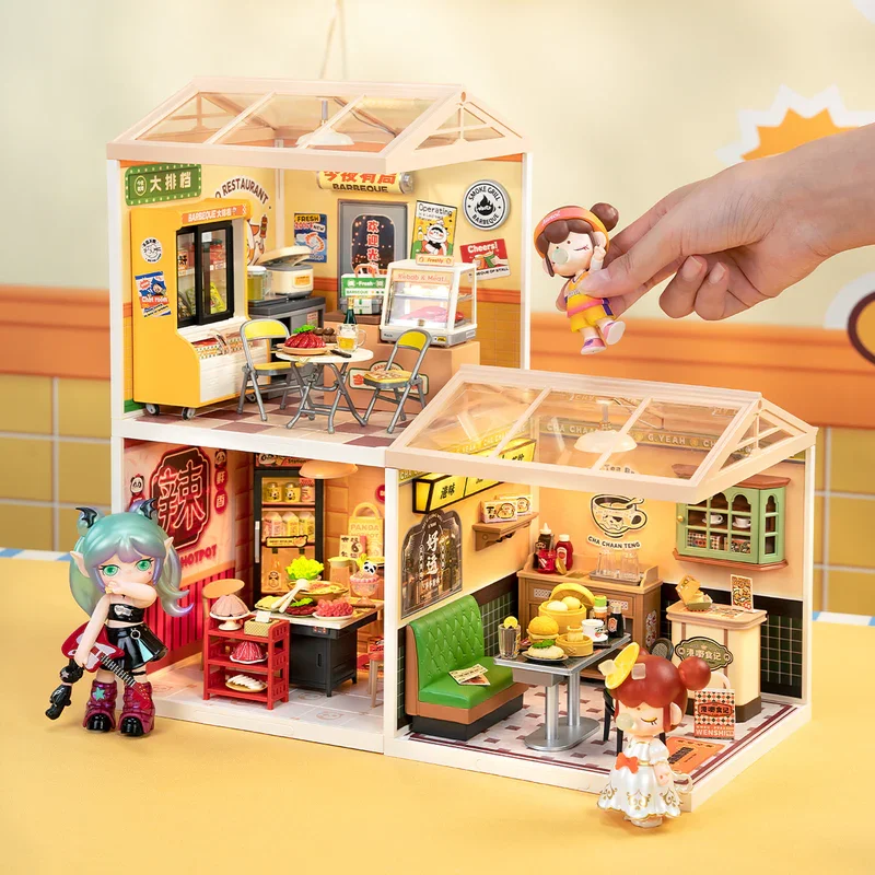 Robotime Rolife DIY Miniatur-Haus-Set, Modellbau-Bastelset mit LED für Erwachsene, Kinder, Panda, Hot Pot und Night Out Food Stall